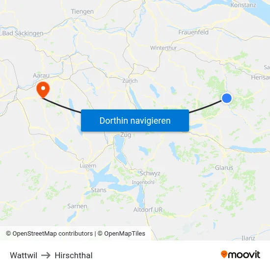 Wattwil to Hirschthal map