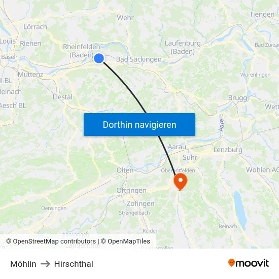 Möhlin to Hirschthal map