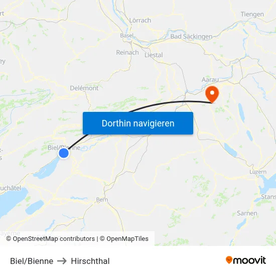 Biel/Bienne to Hirschthal map