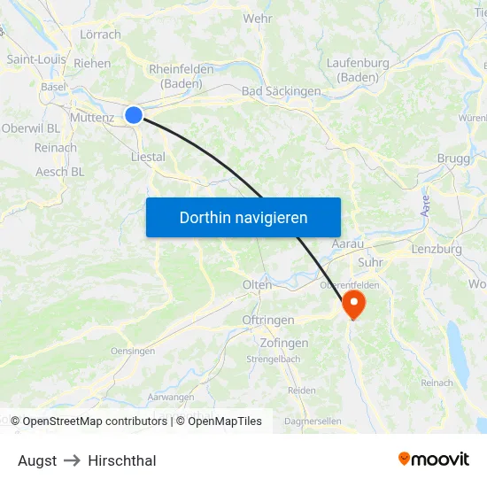 Augst to Hirschthal map