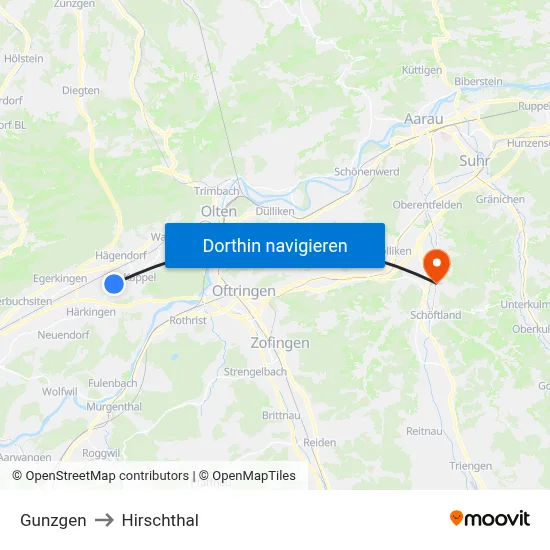 Gunzgen to Hirschthal map