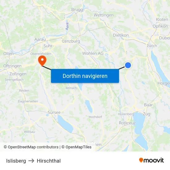 Islisberg to Hirschthal map