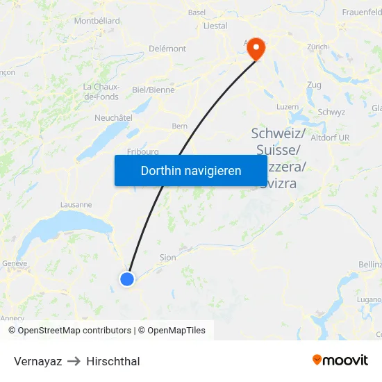 Vernayaz to Hirschthal map