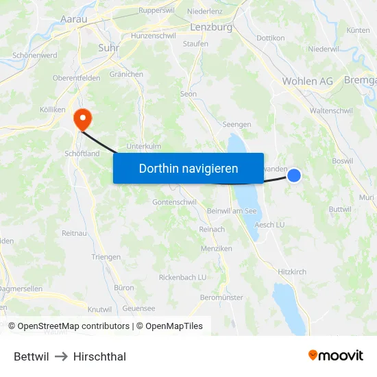 Bettwil to Hirschthal map
