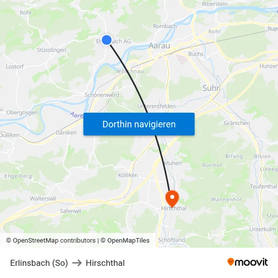 Erlinsbach (So) to Hirschthal map
