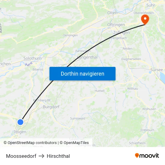Moosseedorf to Hirschthal map