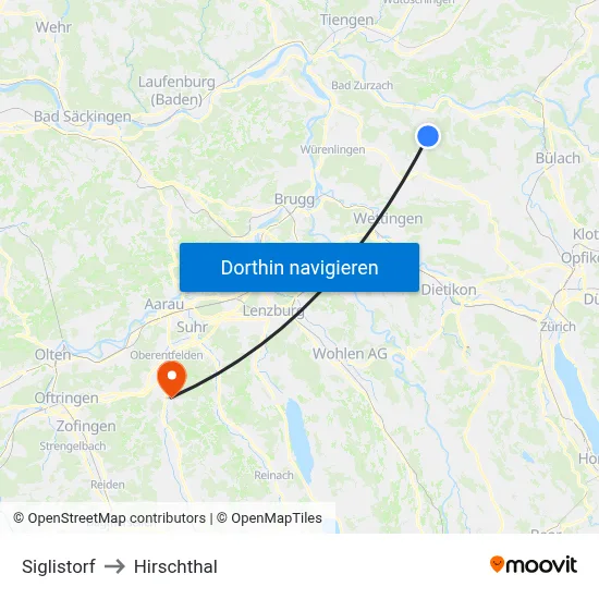 Siglistorf to Hirschthal map
