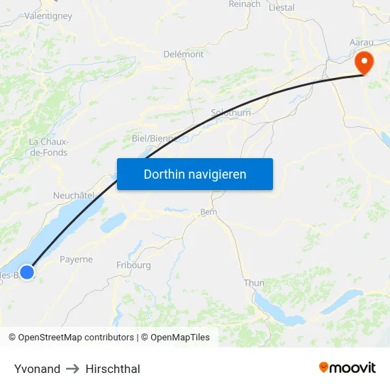 Yvonand to Hirschthal map