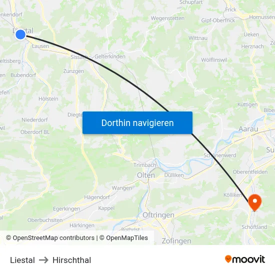 Liestal to Hirschthal map