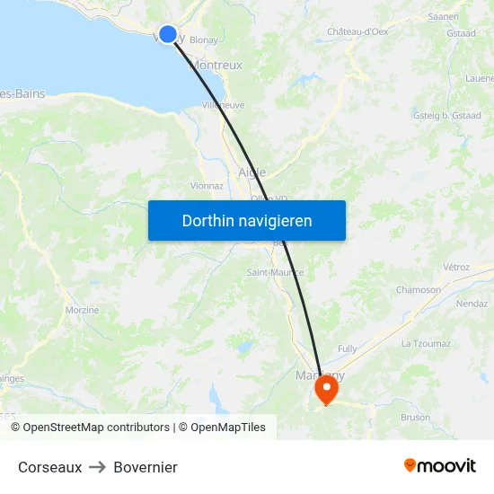 Corseaux to Bovernier map