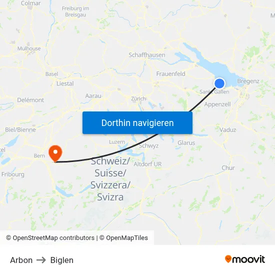 Arbon to Biglen map