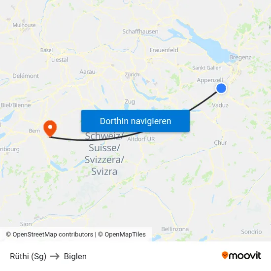 Rüthi (Sg) to Biglen map