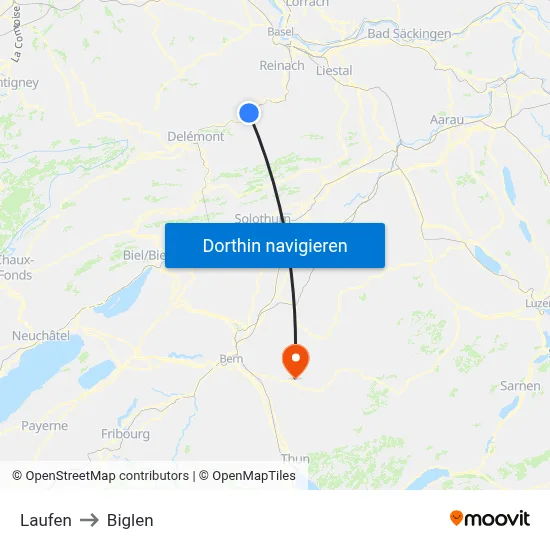 Laufen to Biglen map
