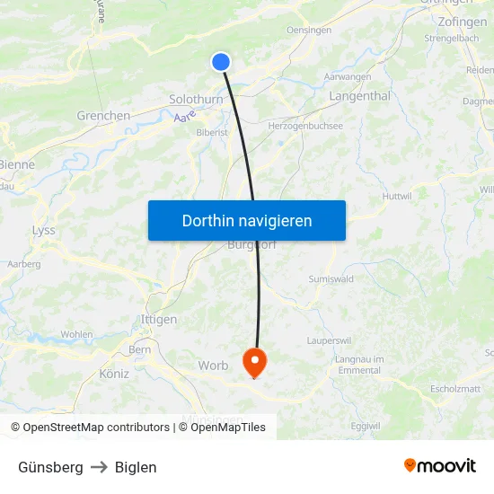 Günsberg to Biglen map