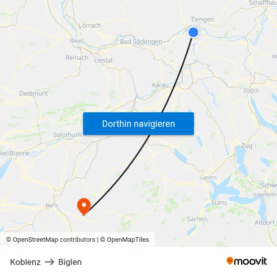 Koblenz to Biglen map
