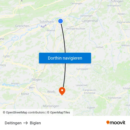 Deitingen to Biglen map