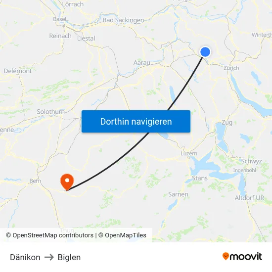 Dänikon to Biglen map