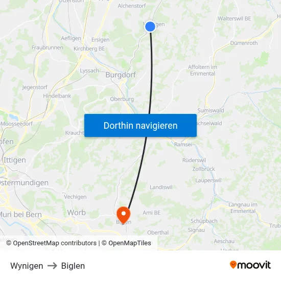 Wynigen to Biglen map