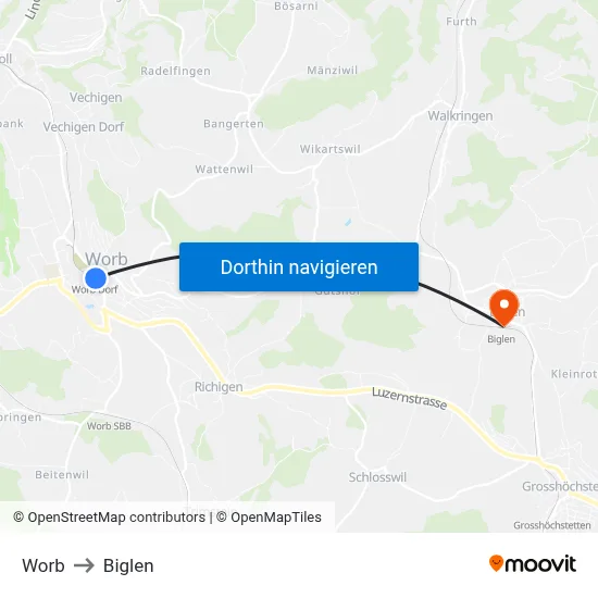 Worb to Biglen map