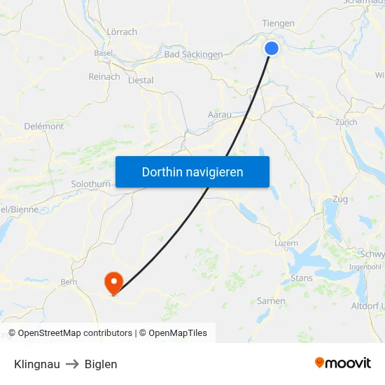 Klingnau to Biglen map
