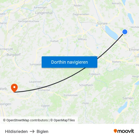 Hildisrieden to Biglen map
