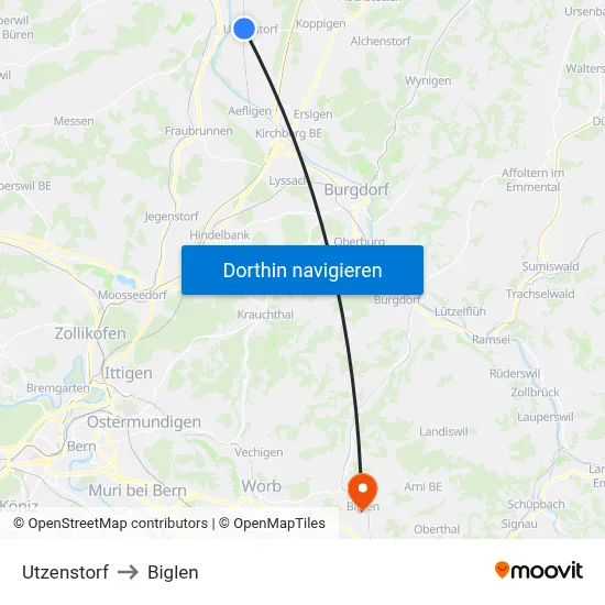 Utzenstorf to Biglen map