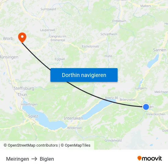 Meiringen to Biglen map