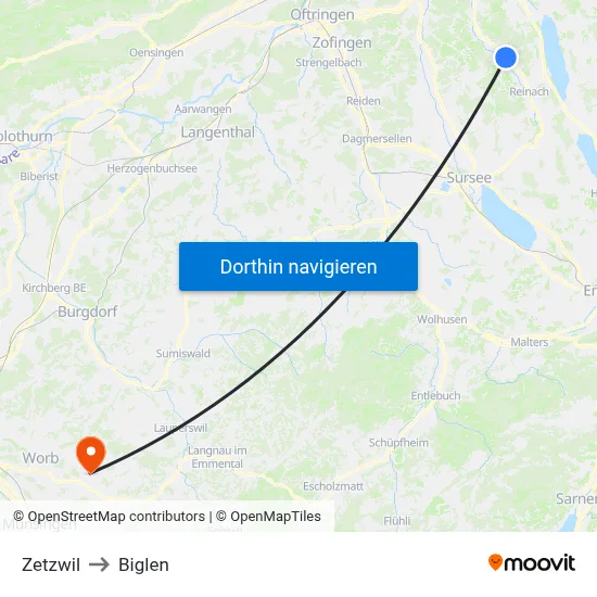 Zetzwil to Biglen map