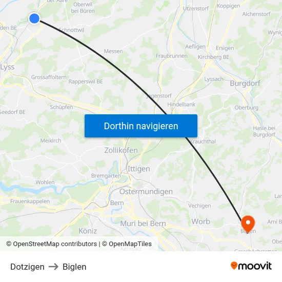 Dotzigen to Biglen map