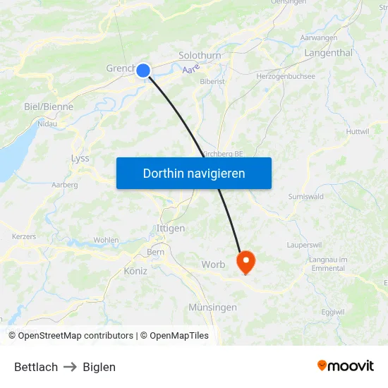 Bettlach to Biglen map