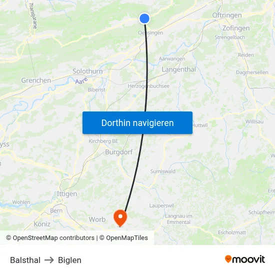 Balsthal to Biglen map