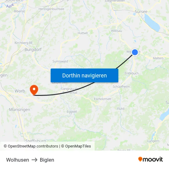 Wolhusen to Biglen map