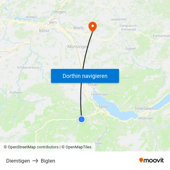 Diemtigen to Biglen map