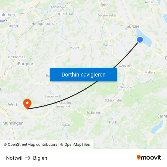 Nottwil to Biglen map