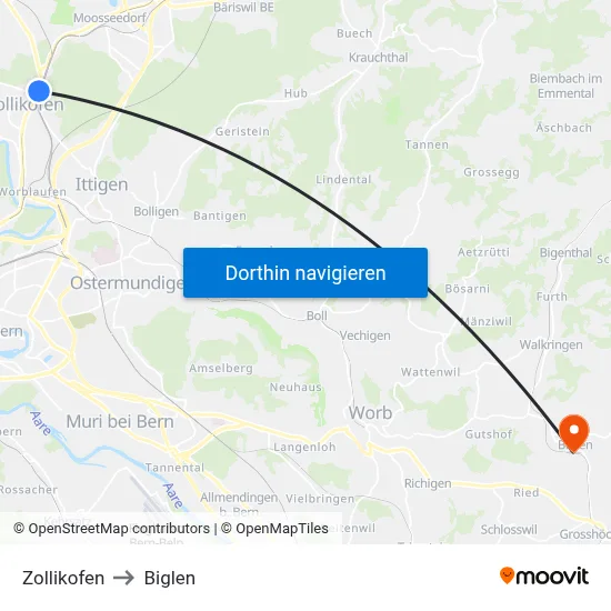 Zollikofen to Biglen map