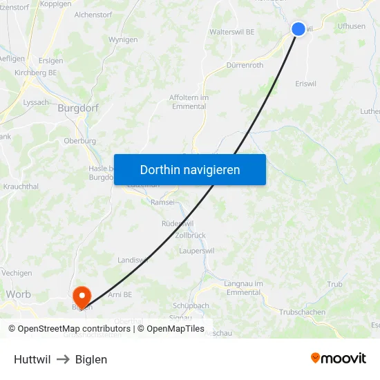 Huttwil to Biglen map