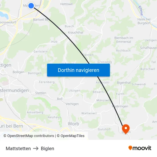 Mattstetten to Biglen map