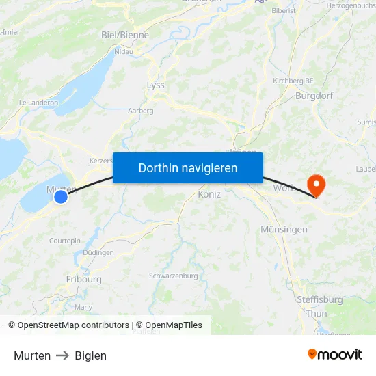 Murten to Biglen map