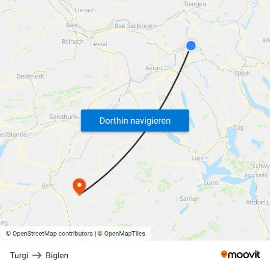 Turgi to Biglen map
