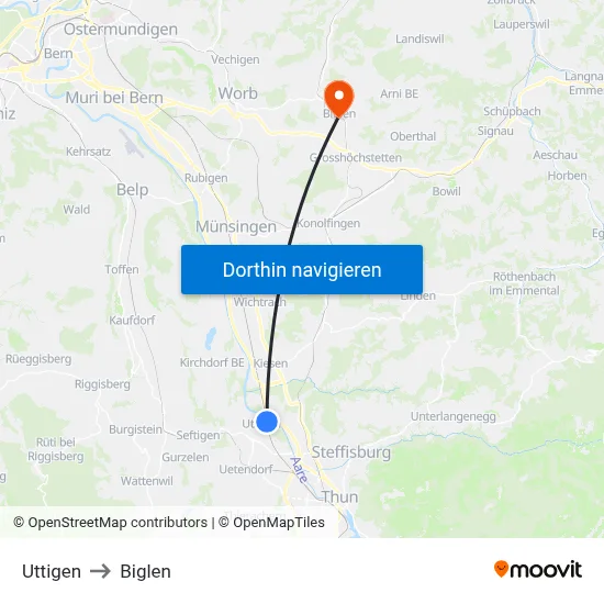Uttigen to Biglen map
