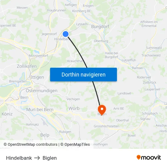 Hindelbank to Biglen map