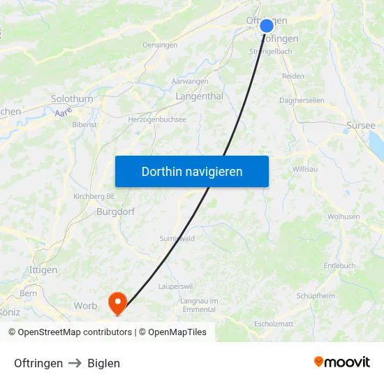 Oftringen to Biglen map