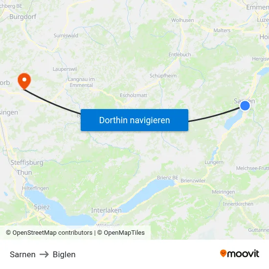 Sarnen to Biglen map