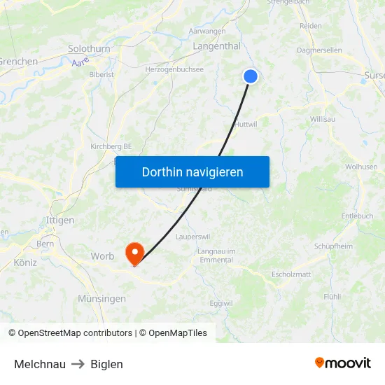 Melchnau to Biglen map