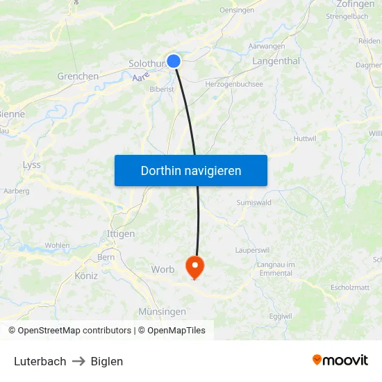 Luterbach to Biglen map