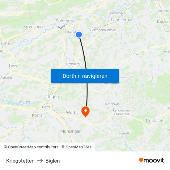 Kriegstetten to Biglen map