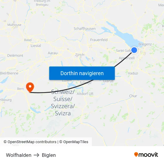 Wolfhalden to Biglen map