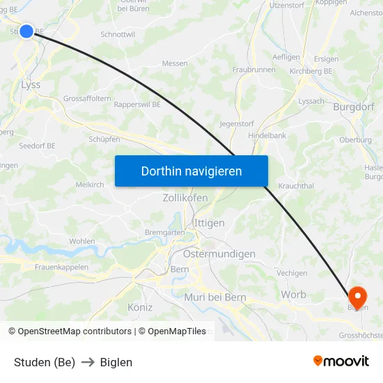 Studen (Be) to Biglen map