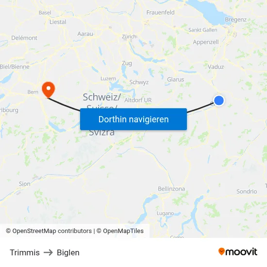 Trimmis to Biglen map