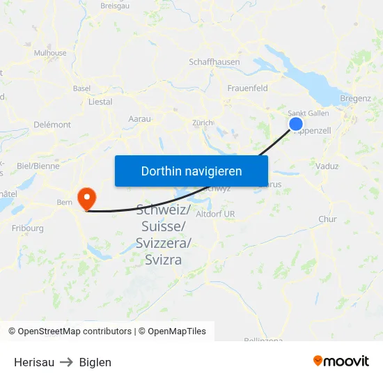 Herisau to Biglen map